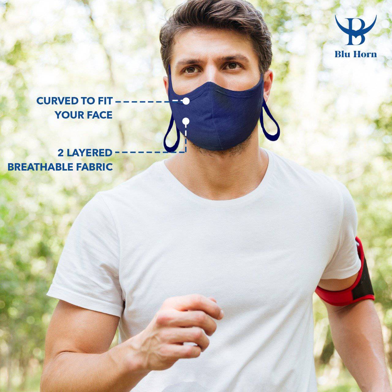 Blu Horn Face Mask – Large/XL Size With Nose Wire, Adjustable Loops & Lanyards, Reusable Cotton 2-Layer